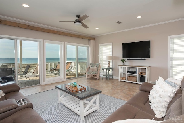 tiled living room with crown molding, a ceiling fan, baseboards, recessed lighting, and visible vents