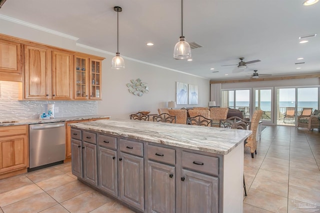 kitchen featuring ceiling fan, backsplash, dishwasher, ornamental molding, and light tile patterned flooring