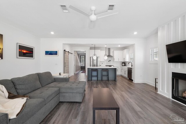 living room featuring sink, crown molding, a fireplace, dark hardwood / wood-style flooring, and a barn door