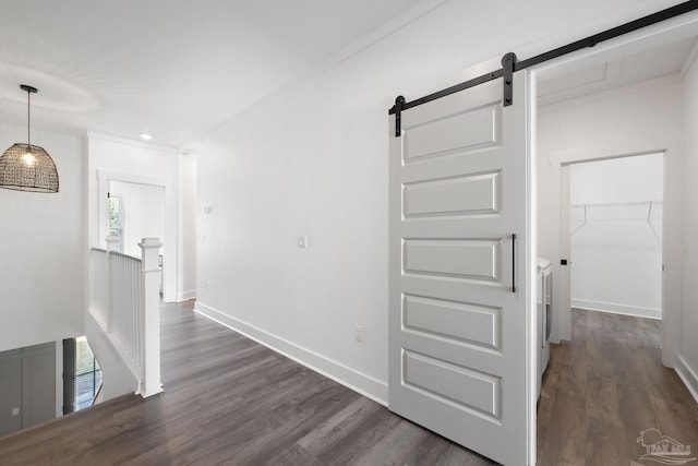 hall featuring a barn door and dark wood-type flooring