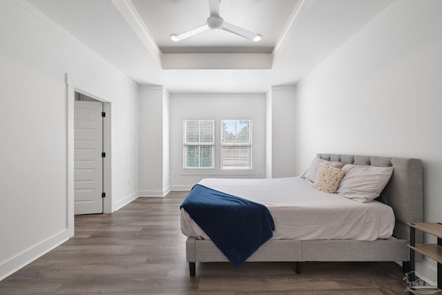 bedroom featuring dark hardwood / wood-style floors and a raised ceiling