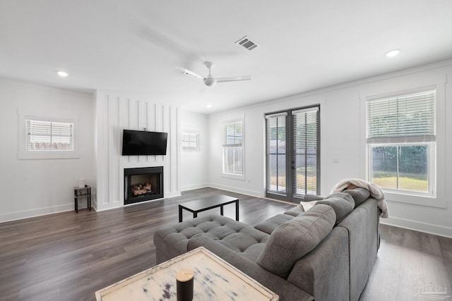 living room featuring a fireplace, dark wood-type flooring, plenty of natural light, and ceiling fan