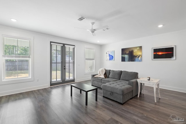 living room with french doors, ceiling fan, dark hardwood / wood-style floors, and crown molding