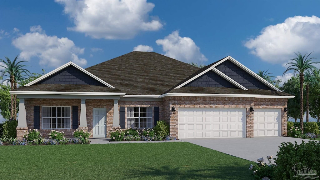 craftsman-style house with a garage and a front lawn