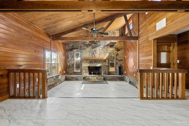 unfurnished living room featuring high vaulted ceiling, a stone fireplace, wooden walls, and beam ceiling