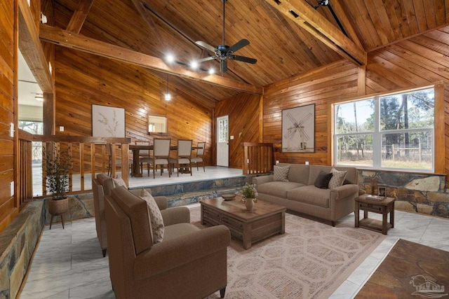 living area featuring ceiling fan, high vaulted ceiling, wooden walls, wood ceiling, and beamed ceiling