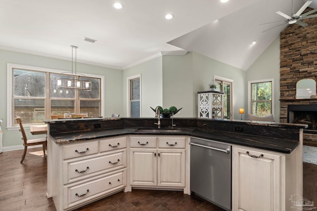 8901 Salt Grass Dr, Pensacola, FL 32526 - kitchen with dishwasher, dark wood-style flooring, a fireplace, and a sink