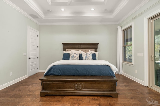 8901 Salt Grass Dr, Pensacola, FL 32526 - bedroom featuring recessed lighting, access to exterior, baseboards, hardwood / wood-style floors, and crown molding
