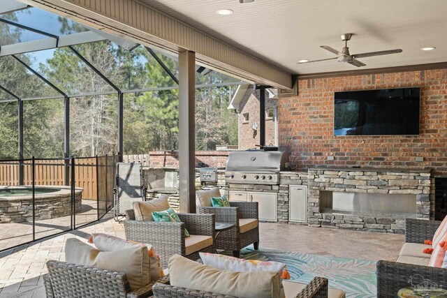 8901 Salt Grass Dr, Pensacola, FL 32526 - view of patio / terrace with glass enclosure, an outdoor hangout area, area for grilling, a grill, and a ceiling fan