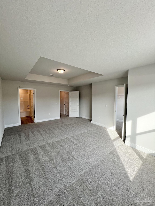 unfurnished living room with a raised ceiling, carpet floors, and a textured ceiling