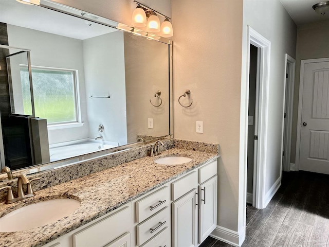 full bathroom featuring a sink, double vanity, a shower with shower door, and wood finished floors