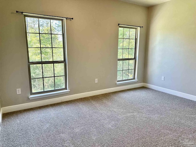 empty room with a healthy amount of sunlight, baseboards, and carpet floors