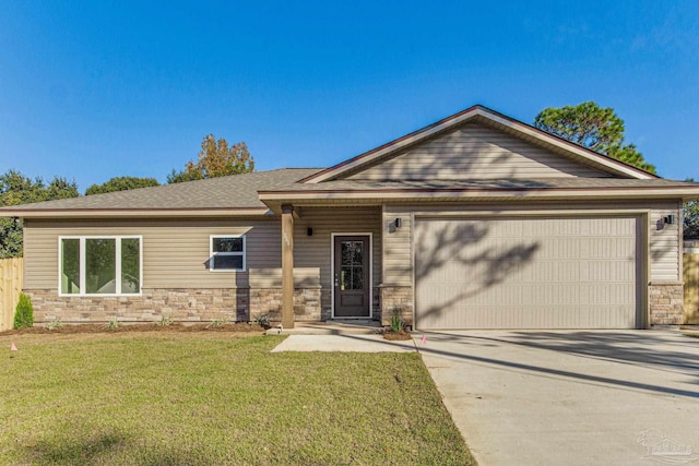 ranch-style home with a garage, concrete driveway, stone siding, fence, and a front lawn