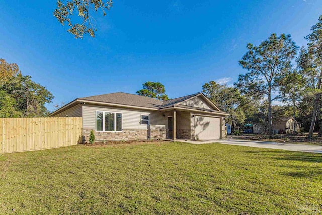 ranch-style house with concrete driveway, an attached garage, a front yard, fence, and stone siding