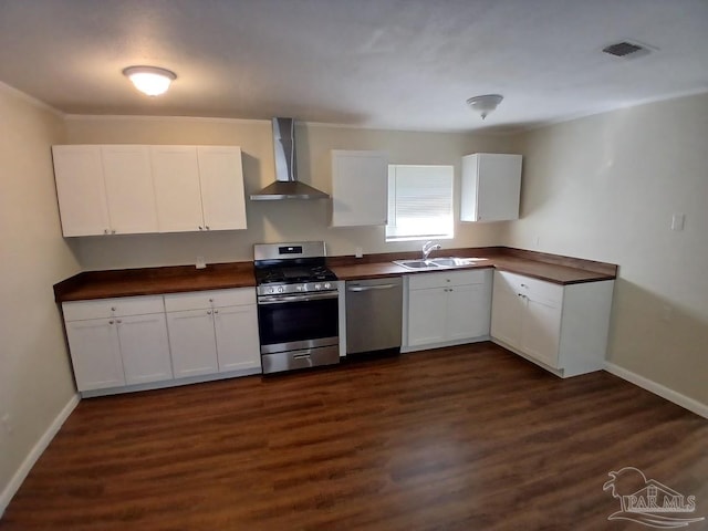 kitchen featuring dark hardwood / wood-style floors, sink, white cabinetry, wall chimney exhaust hood, and appliances with stainless steel finishes