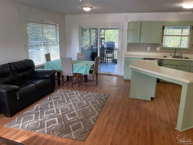 interior space featuring wood-type flooring, plenty of natural light, and sink