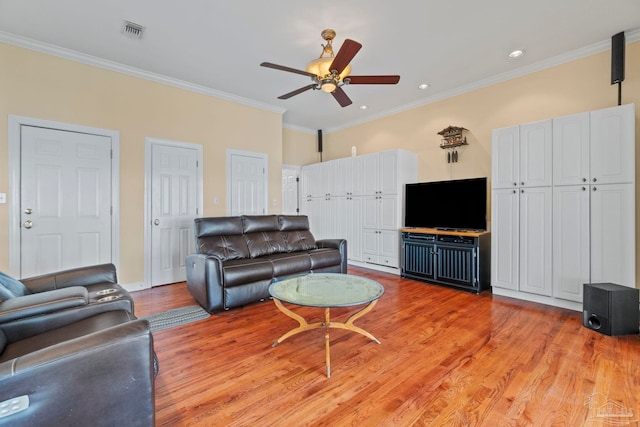 4757 Chinquapin Dr, Gulf Breeze, FL 32563 - living area with a ceiling fan, light wood-style flooring, crown molding, recessed lighting, and baseboards