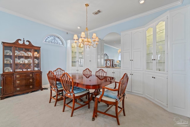 4757 Chinquapin Dr, Gulf Breeze, FL 32563 - dining room featuring ornamental molding, arched walkways, light colored carpet, a chandelier, and recessed lighting