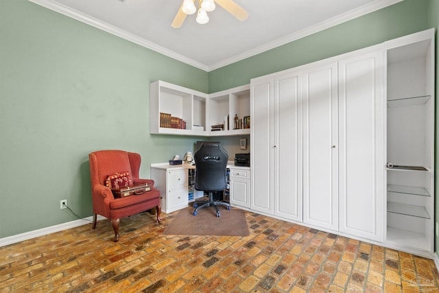 4757 Chinquapin Dr, Gulf Breeze, FL 32563 - office featuring brick floors, crown molding, a ceiling fan, and baseboards