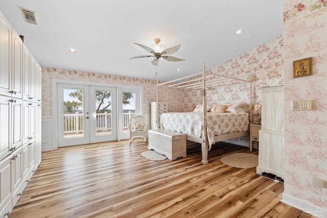4757 Chinquapin Dr, Gulf Breeze, FL 32563 - unfurnished bedroom featuring wallpapered walls, access to exterior, french doors, light wood-style flooring, and recessed lighting