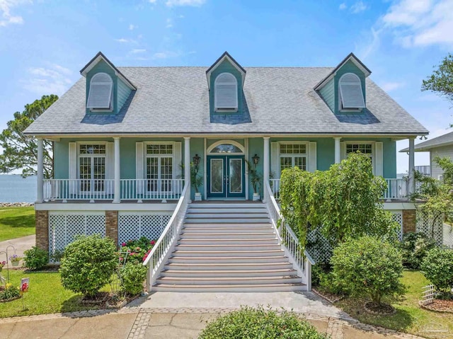 4757 Chinquapin Dr, Gulf Breeze, FL 32563 - view of front of property featuring stairway, french doors, a porch, stucco siding, and a shingled roof