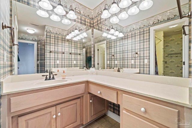 4757 Chinquapin Dr, Gulf Breeze, FL 32563 - full bathroom featuring wallpapered walls, vanity, and curtained shower