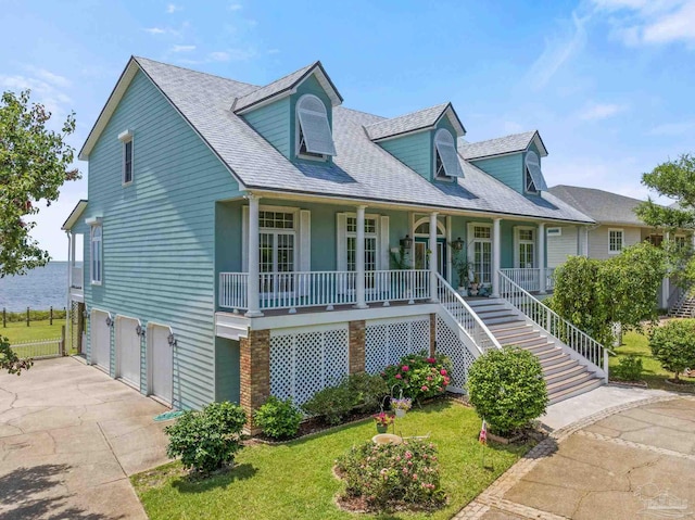 4757 Chinquapin Dr, Gulf Breeze, FL 32563 - view of front of home with a porch, an attached garage, concrete driveway, a front yard, and stairs