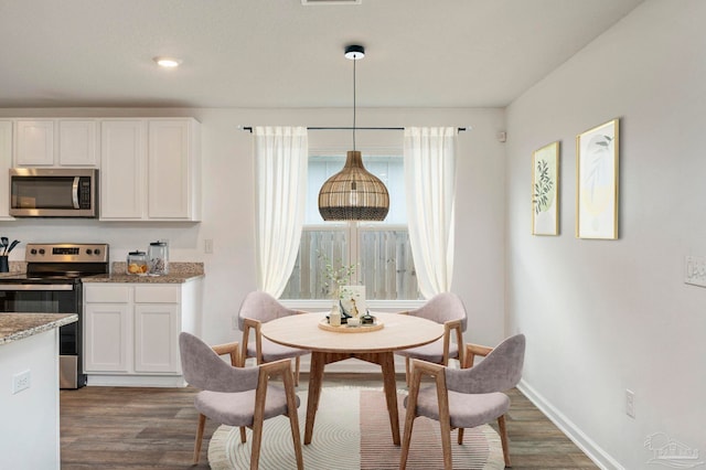 dining space with a wealth of natural light and dark hardwood / wood-style floors