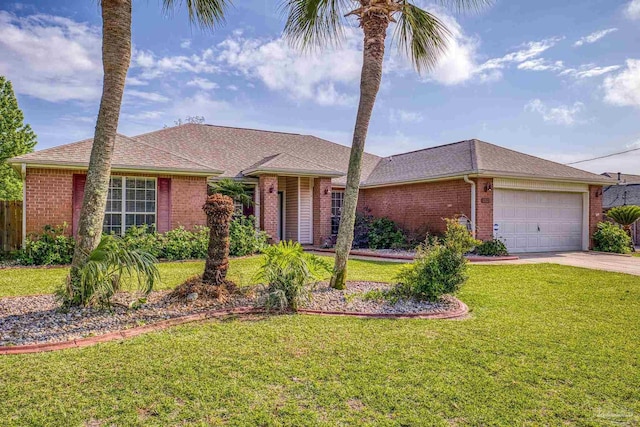 2121 Middleton Dr, Navarre, FL 32566 - ranch-style house with brick siding, a garage, driveway, and a front yard