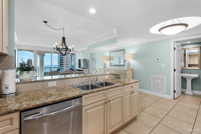 kitchen with crown molding, dishwasher, sink, and light stone counters