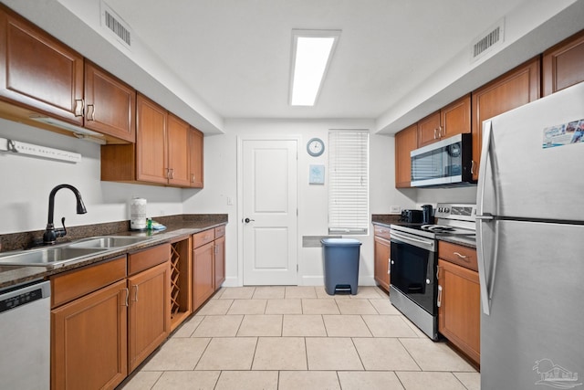 kitchen featuring appliances with stainless steel finishes, dark countertops, brown cabinets, and a sink