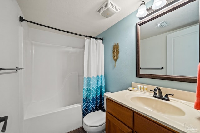 full bath featuring visible vents, toilet, shower / bathtub combination with curtain, and vanity