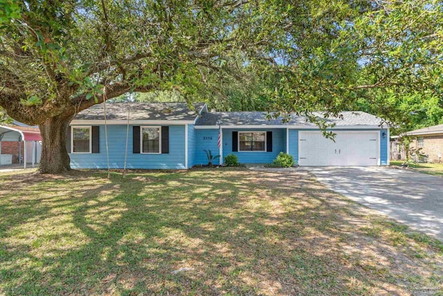 single story home with driveway, a front lawn, and a garage