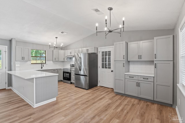 kitchen featuring a peninsula, light wood-style floors, a chandelier, tasteful backsplash, and stainless steel appliances