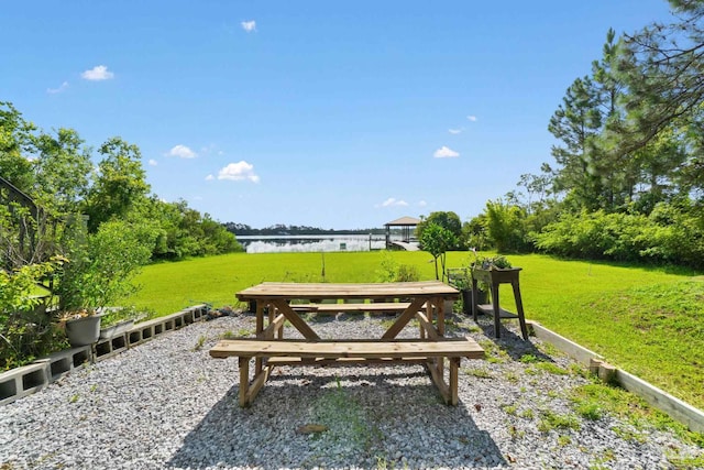 view of community with a water view and a lawn