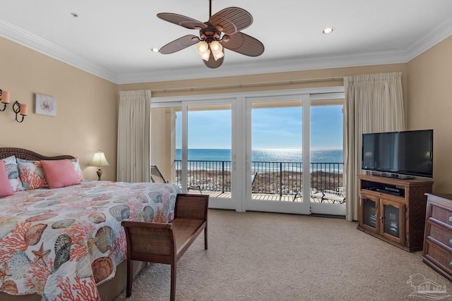 bedroom with ornamental molding, carpet flooring, access to outside, and ceiling fan