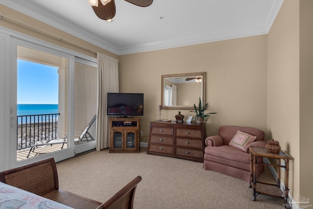 living room with light colored carpet, ornamental molding, and ceiling fan