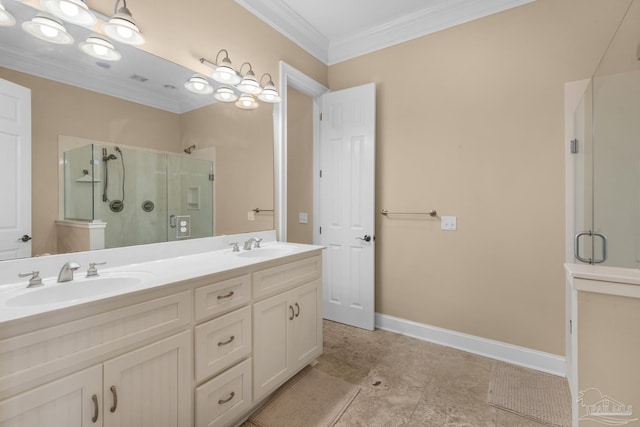 bathroom featuring walk in shower, tile patterned flooring, ornamental molding, and dual bowl vanity