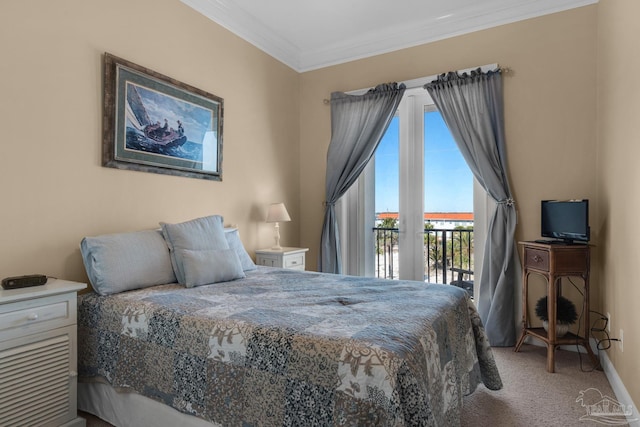 carpeted bedroom featuring crown molding and access to exterior