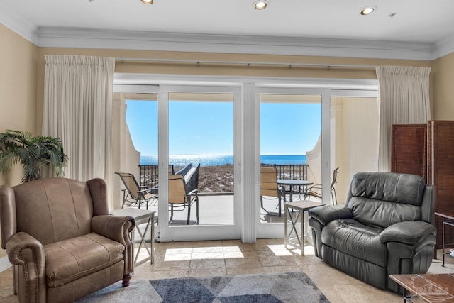 interior space featuring light tile patterned flooring, a water view, and crown molding