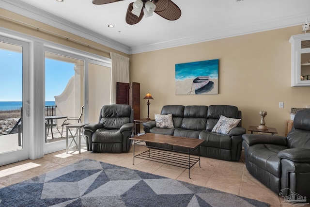 tiled living room with crown molding, a water view, and ceiling fan