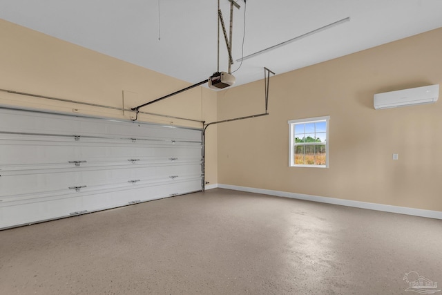 garage with a garage door opener and an AC wall unit