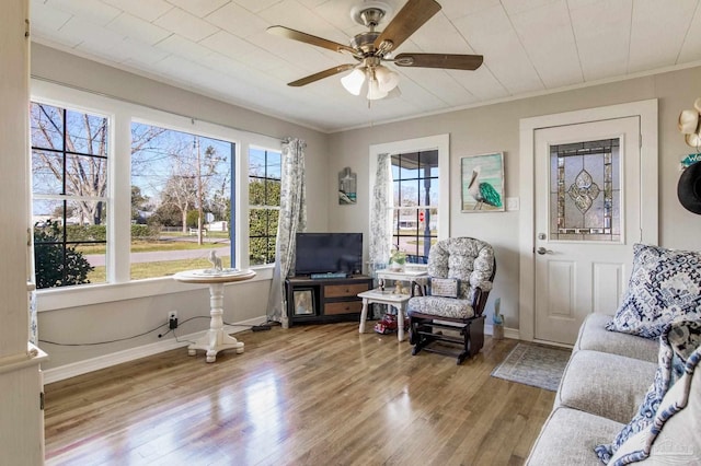 living area with ornamental molding, a ceiling fan, baseboards, and wood finished floors