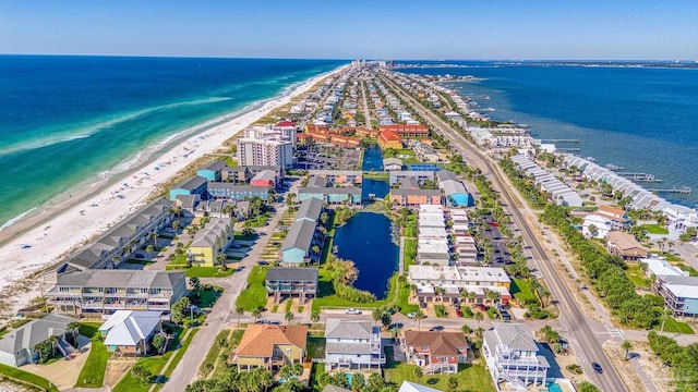 aerial view featuring a beach view and a water view