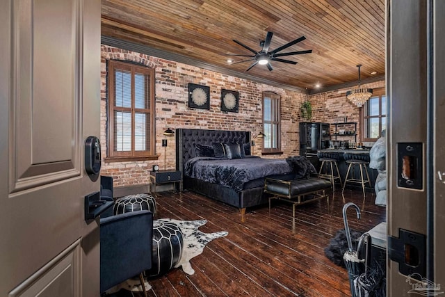 bedroom featuring ornamental molding, wood ceiling, wood-type flooring, and brick wall