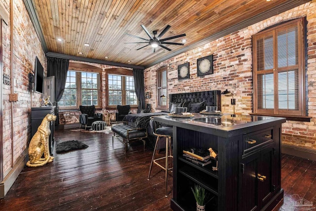 interior space with ornamental molding, brick wall, dark wood-type flooring, and wood ceiling