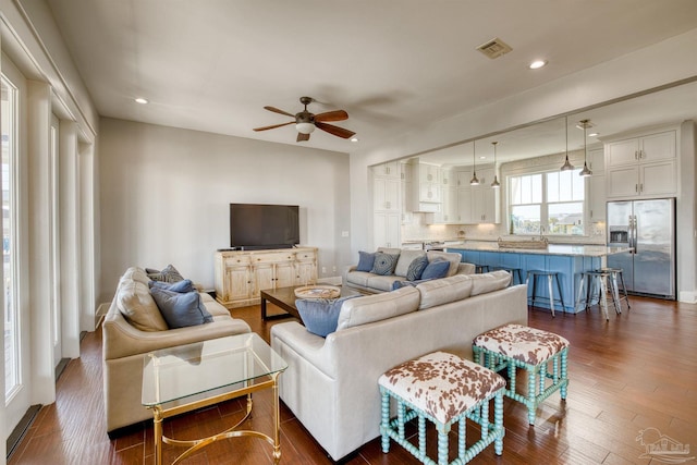 712 Maldonado Dr, Pensacola Beach, FL 32561 - living room featuring visible vents, recessed lighting, a ceiling fan, and dark wood-style flooring
