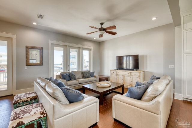 712 Maldonado Dr, Pensacola Beach, FL 32561 - living area featuring visible vents, a ceiling fan, recessed lighting, baseboards, and dark wood-style flooring