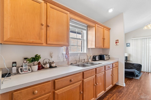 kitchen featuring dark hardwood / wood-style floors, lofted ceiling, and sink