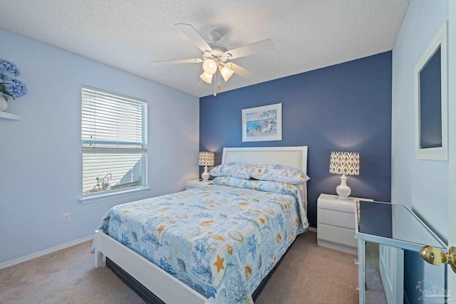 bedroom featuring ceiling fan, carpet, and a textured ceiling